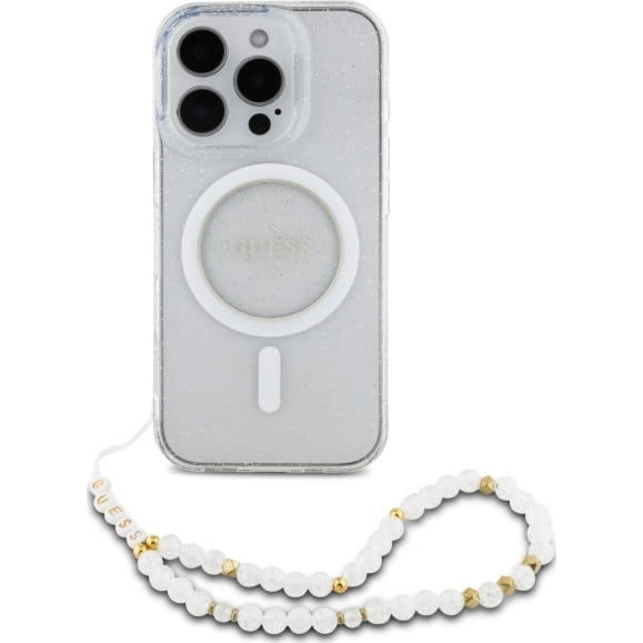 OUTLET: Etui Guess IML Glitter with Pearl Strap MagSafe do iPhone 16 Pro, przezroczyste z brokatem
