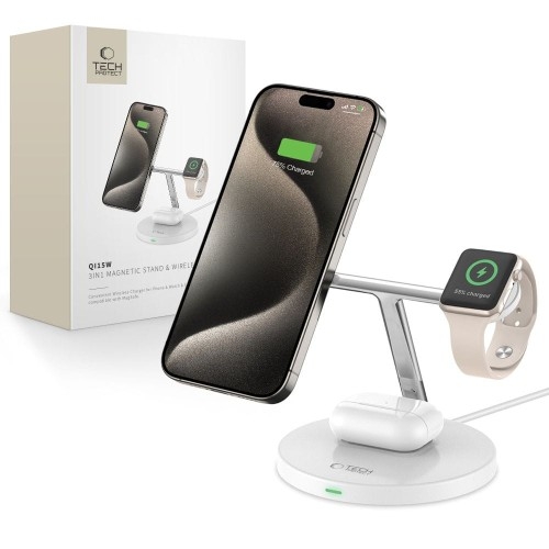 Image of Ładowarka indukcyjna Tech-Protect Qi15W A35 3w1 Magnetic Stand and Wireless Charger do MagSafe, Qi, biała