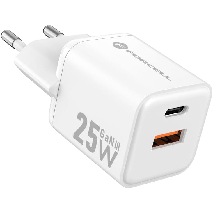 Image of Ładowarka sieciowa Forcell F-Energy Mini VT-25B 25W, USB-C PD, USB-A QC 4.0, GaN, biała