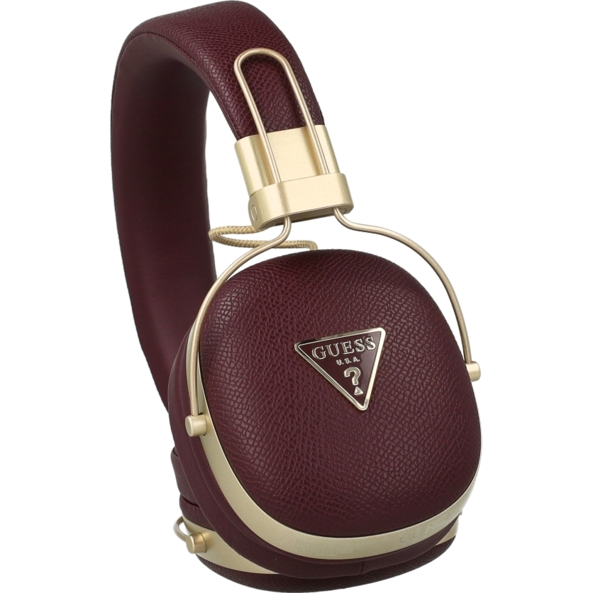 Bezprzewodowe słuchawki nauszne Guess BT Wireless Headphones ENC Grained PU & Triangle Gold Metal Logo Bluetooth 5.4, burgundowe