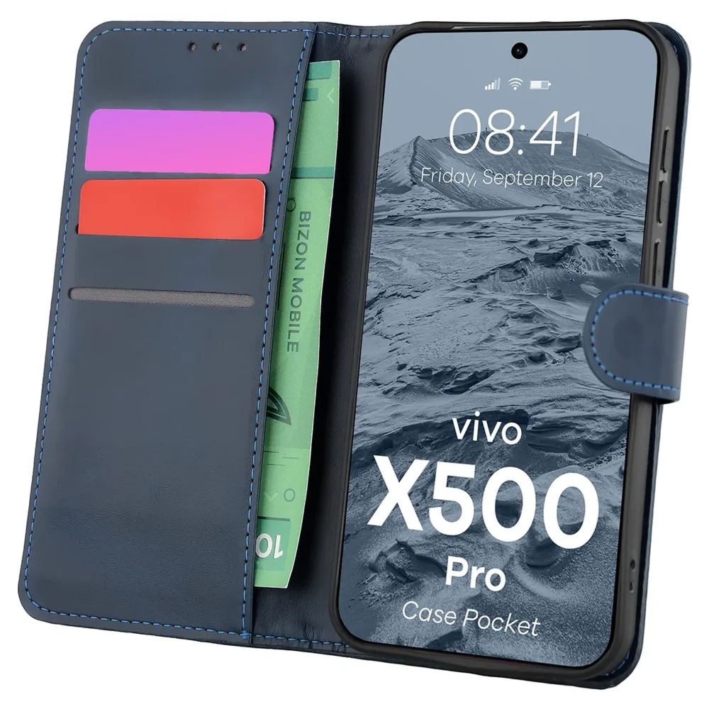 Etui z klapką Bizon Case Pocket do Vivo X500 Pro, granatowe