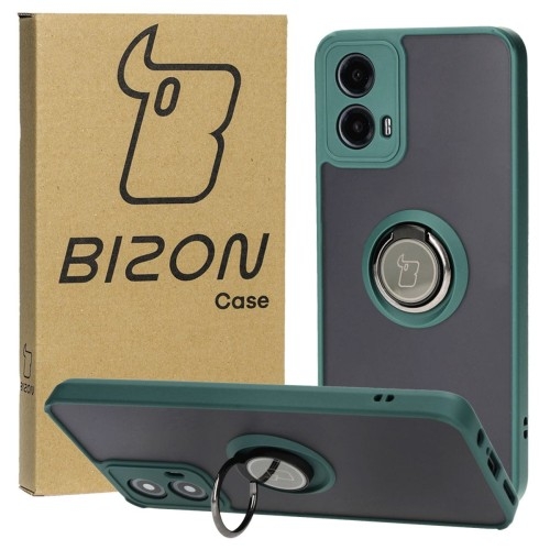 Image of Etui z uchwytem na palec Bizon Case Hybrid Ring do Motorola Moto G34 5G, przydymione z ciemnozieloną ramką