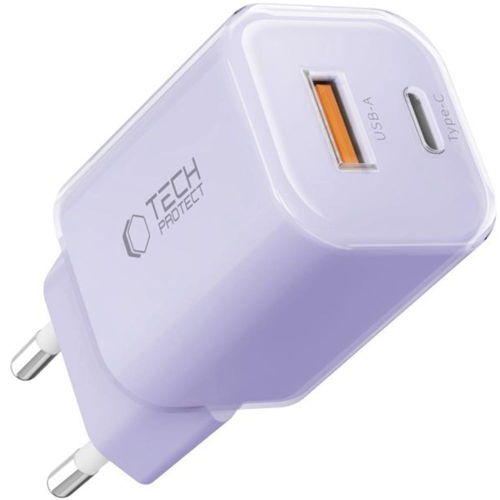 Ładowarka sieciowa USB-C PD, USB-A QC 3.0, 33W, Tech-Protect NCM33, fioletowa
