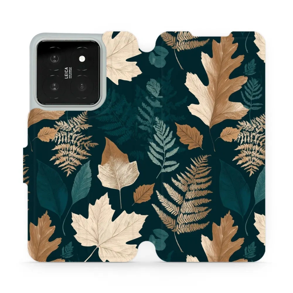 Etui z klapką do Xiaomi 14, Mobiwear Book, zielnik z liści i paproci