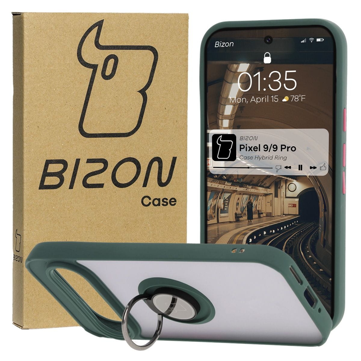 Image of Etui z uchwytem na palec Bizon Case Hybrid Ring do Google Pixel 9 / 9 Pro, przydymione z ciemnozieloną ramką