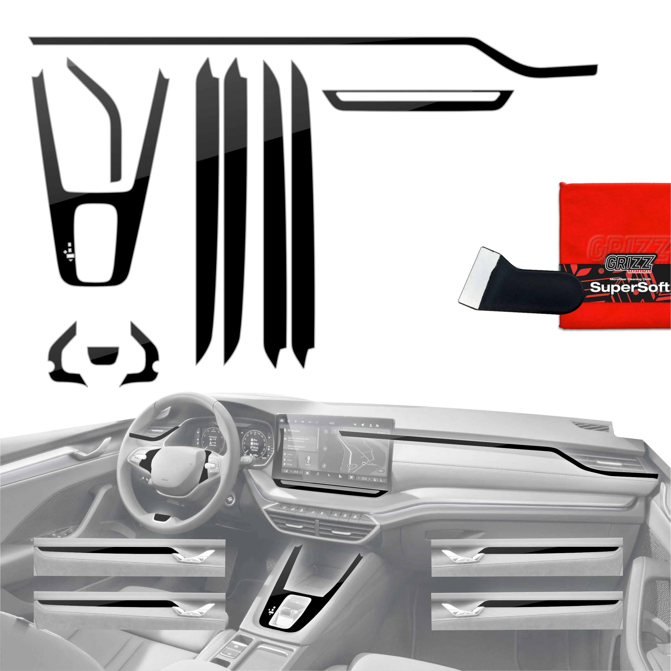 Folia do wnętrza Skoda Octavia 4 10″ Facelift (2024-2026) Grizz Protector 11w1 Czarna Połyskująca