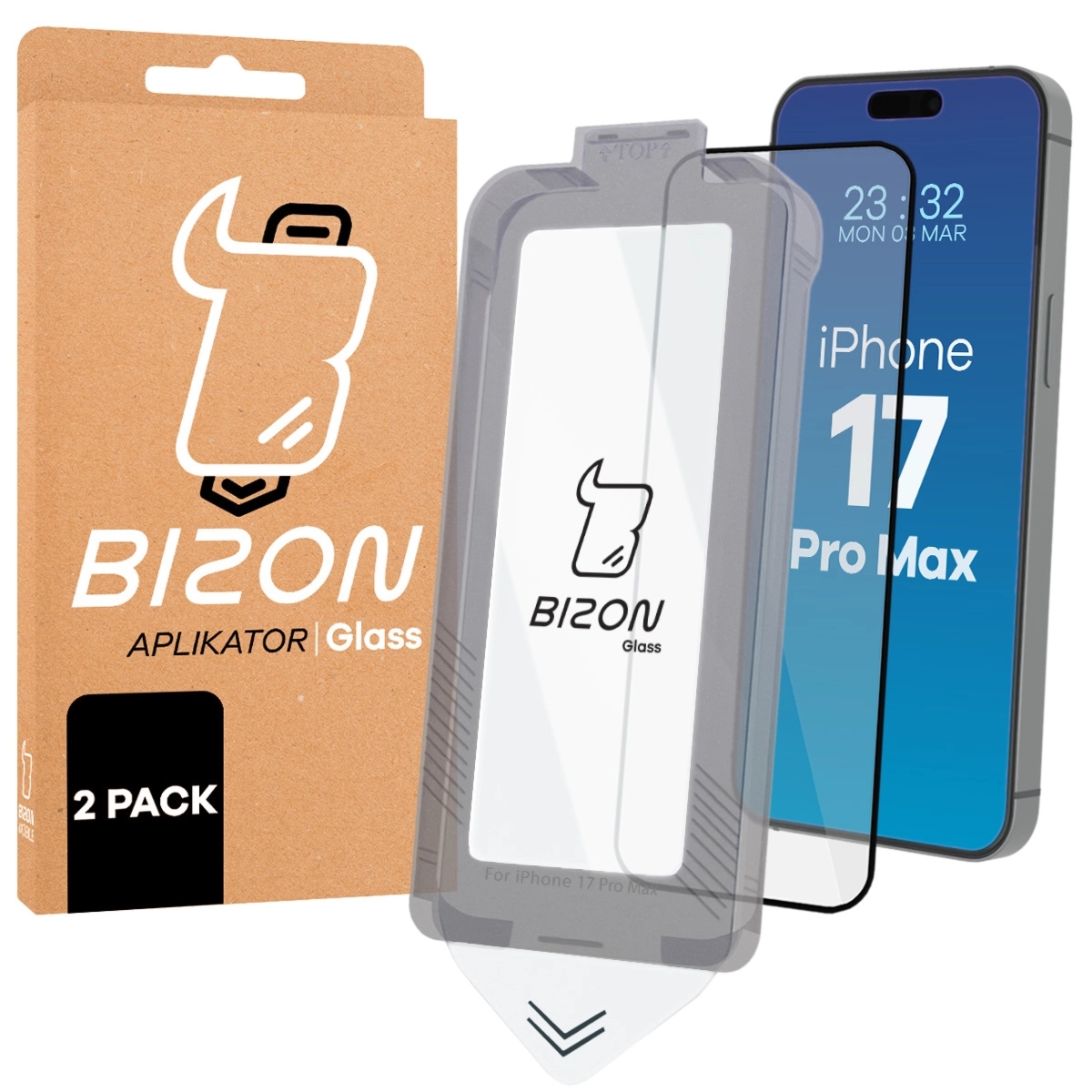 Szkło hartowane z ramką do łatwej aplikacji Bizon Glass Aplikator do iPhone 18 Pro Max / 17 Pro Max, 2 sztuki