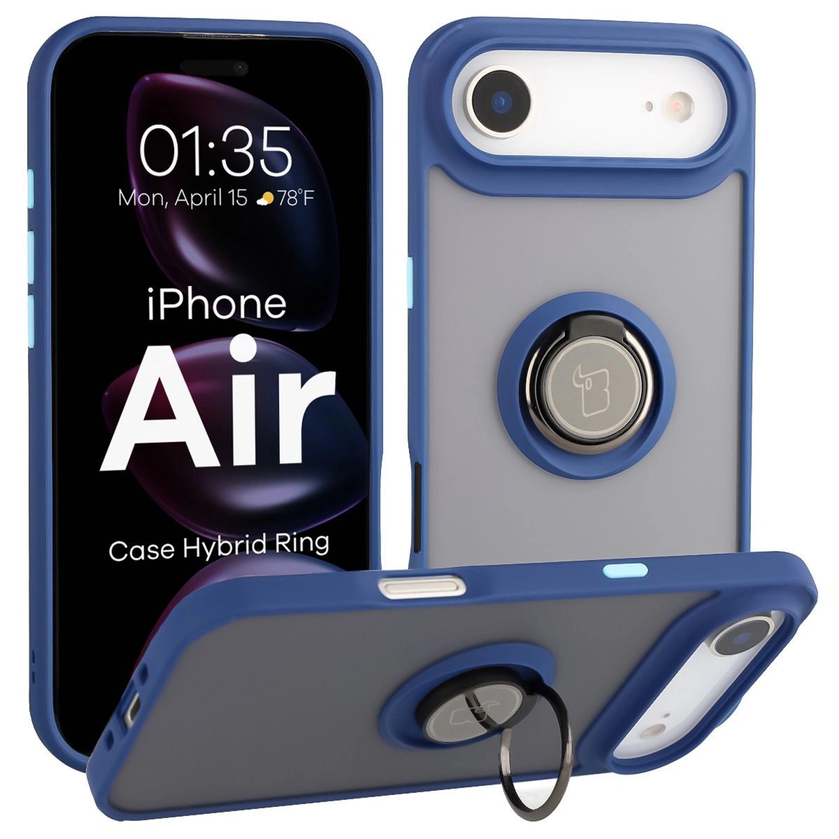 Etui z uchwytem na palec Bizon Case Hybrid Ring do iPhone Air, przydymione z granatową ramką