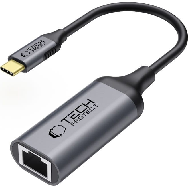 Image of Adapter USB-C do RJ45 Ethernet, Tech-Protect UltraBoost, 1000Mb/s, 20 cm, czarno-szary