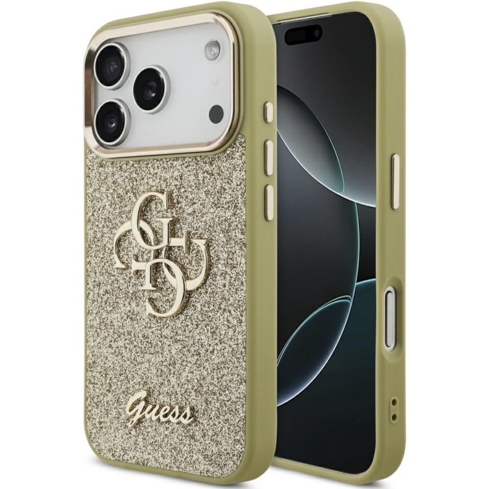 Etui Guess Fixed Glitter Big 4G Metal Frame do iPhone 17 Pro, złoto-brokatowe