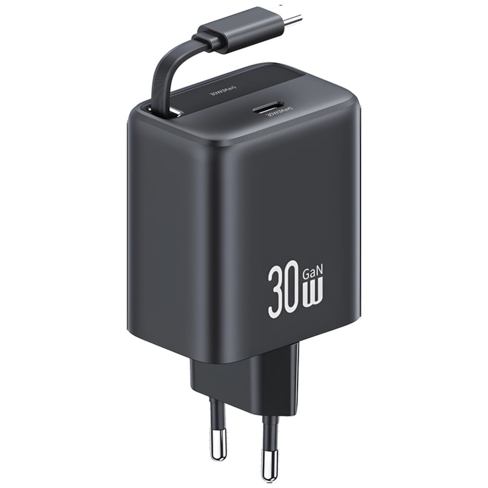 Ładowarka sieciowa GaN USB-C PD QC 30W, USAMS CC241, zwijany kabel USB-C, czarna
