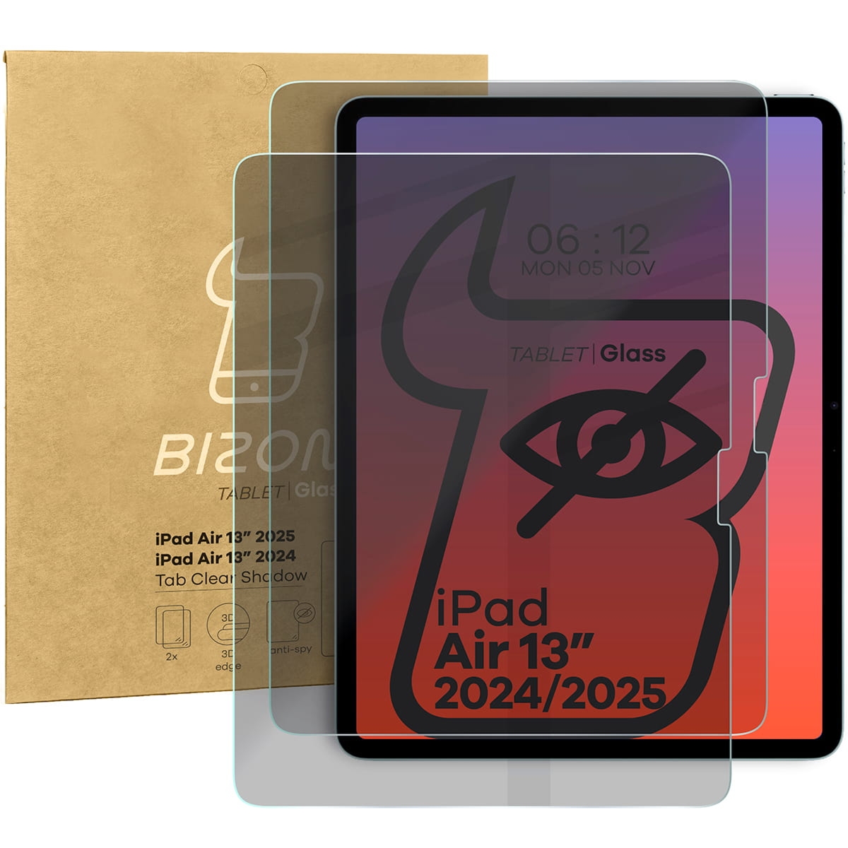 Prywatyzujące szkło hartowane Bizon Glass Tab Clear Shadow Duo do iPad Air 13″ M4/M3/M2, przyciemniane, 2 sztuki