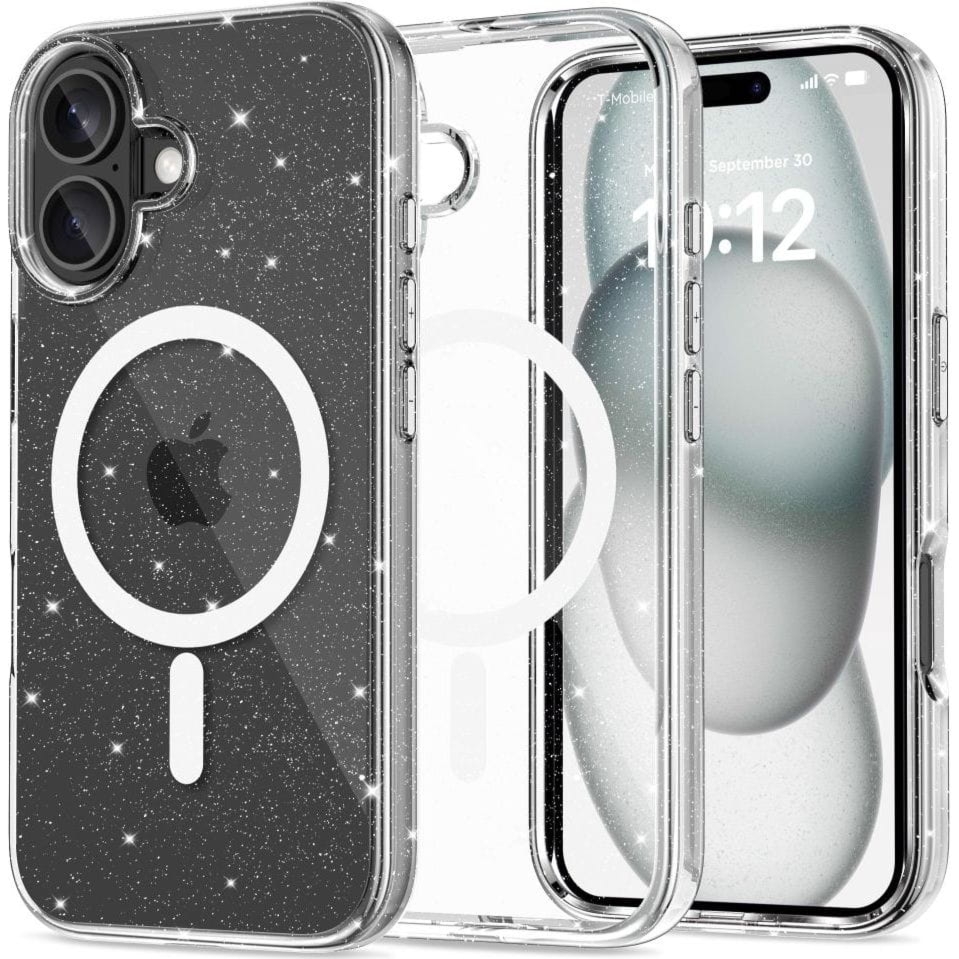 Etui Tech-Protect Flexair Hybrid do MagSafe do iPhone 16, przezroczyste z brokatem