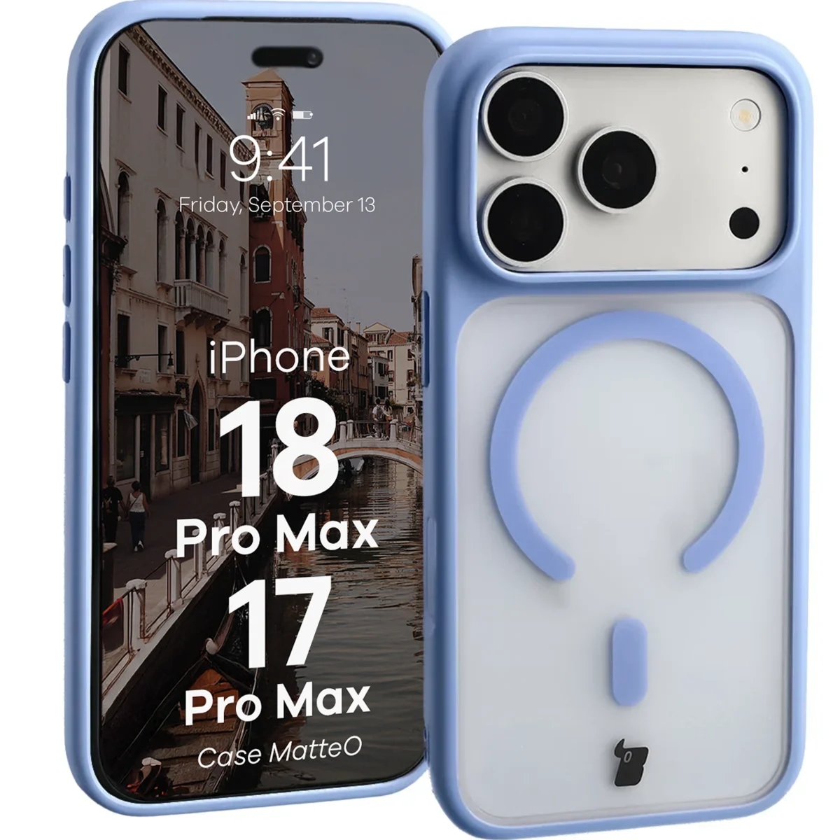 Etui z pierścieniem magnetycznym Bizon Case MatteO do iPhone 18 Pro Max / 17 Pro Max, półprzezroczyste z jasnoniebieską ramką