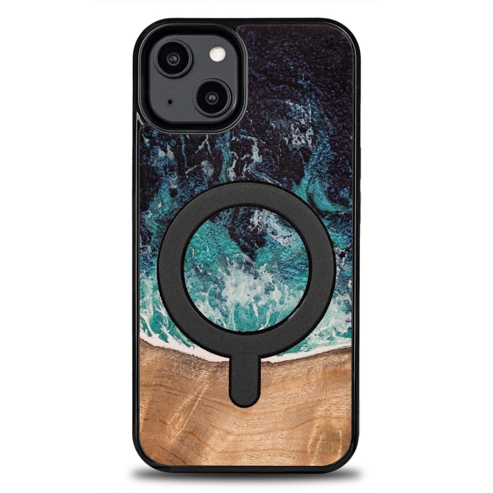 Drewniane etui do iPhone 14, Bewood Unique Dream Island do MagSafe, niebiesko-brązowe