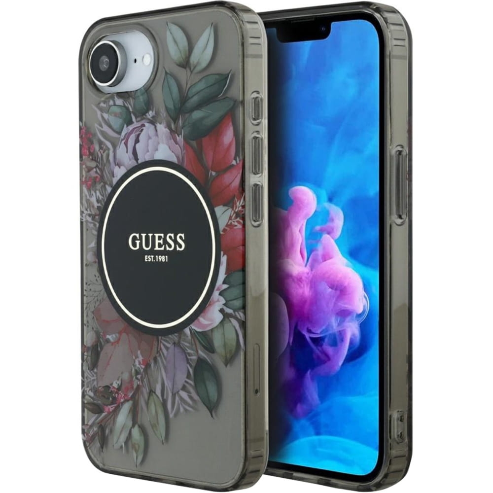 OUTLET: Etui Guess IML Flowers MagSafe do iPhone 17e / 16e, czarno-przezroczyste