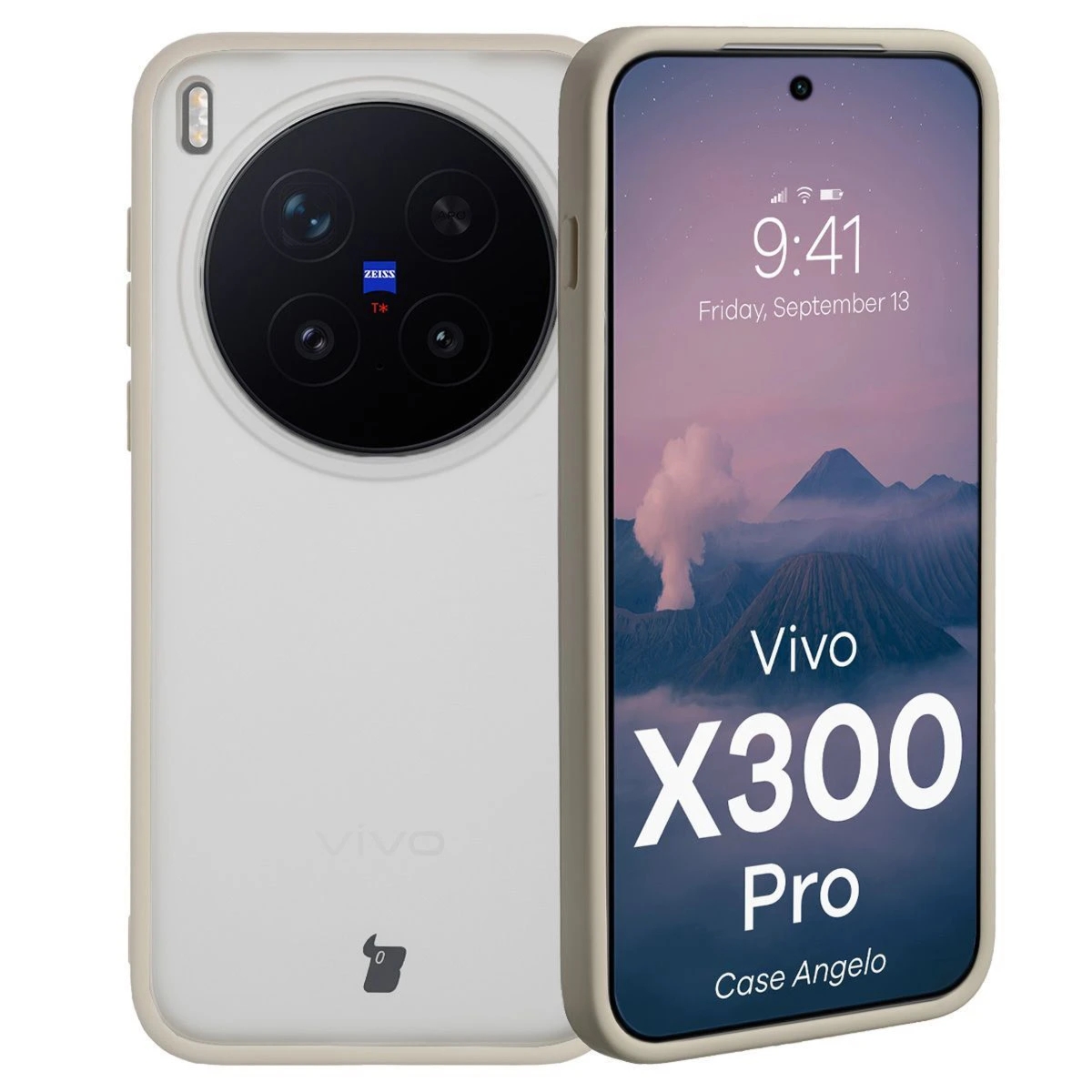 Etui Bizon Case Angelo do Vivo X300 Pro, półprzezroczyste z beżową ramką