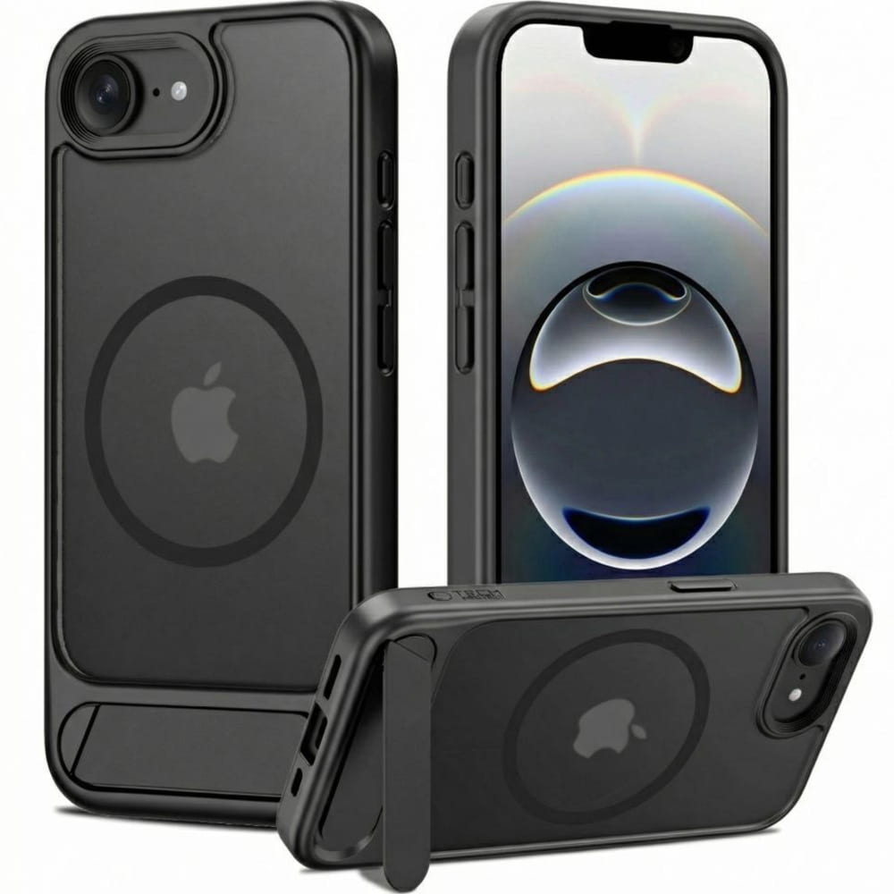 Etui z podstawką Tech-Protect MagRack  do MagSafe do iPhone 17e / 16e, półprzezroczysto-czarne