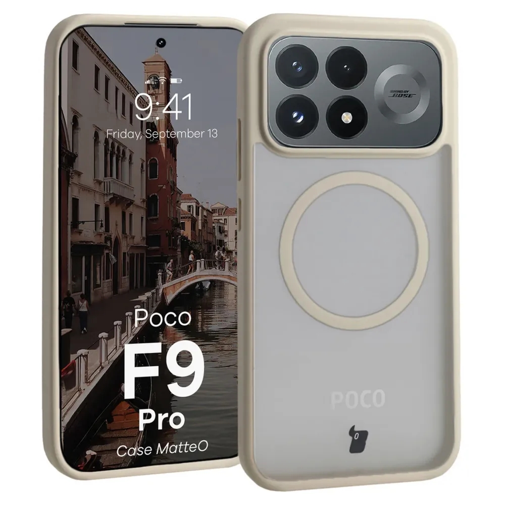 Etui z pierścieniem magnetycznym Bizon Case MatteO do Xiaomi POCO F9 Pro, przydymione-beżowe