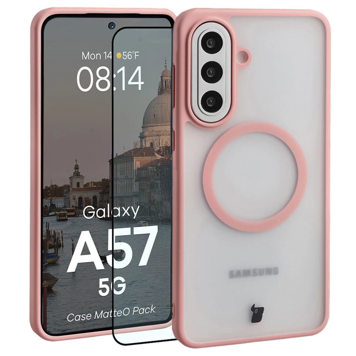 Etui z pierścieniem magnetycznym + szkło hartowane Bizon MatteO Pack do Galaxy A57 5G, przydymione-jasnoróżowe