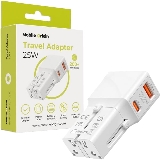 Image of Ładowarka sieciowa, podróżna Mobile Origin Travel Adapter, 25W, USB-C, USB-A z adapterem do EU/USA/UK/AU, biała