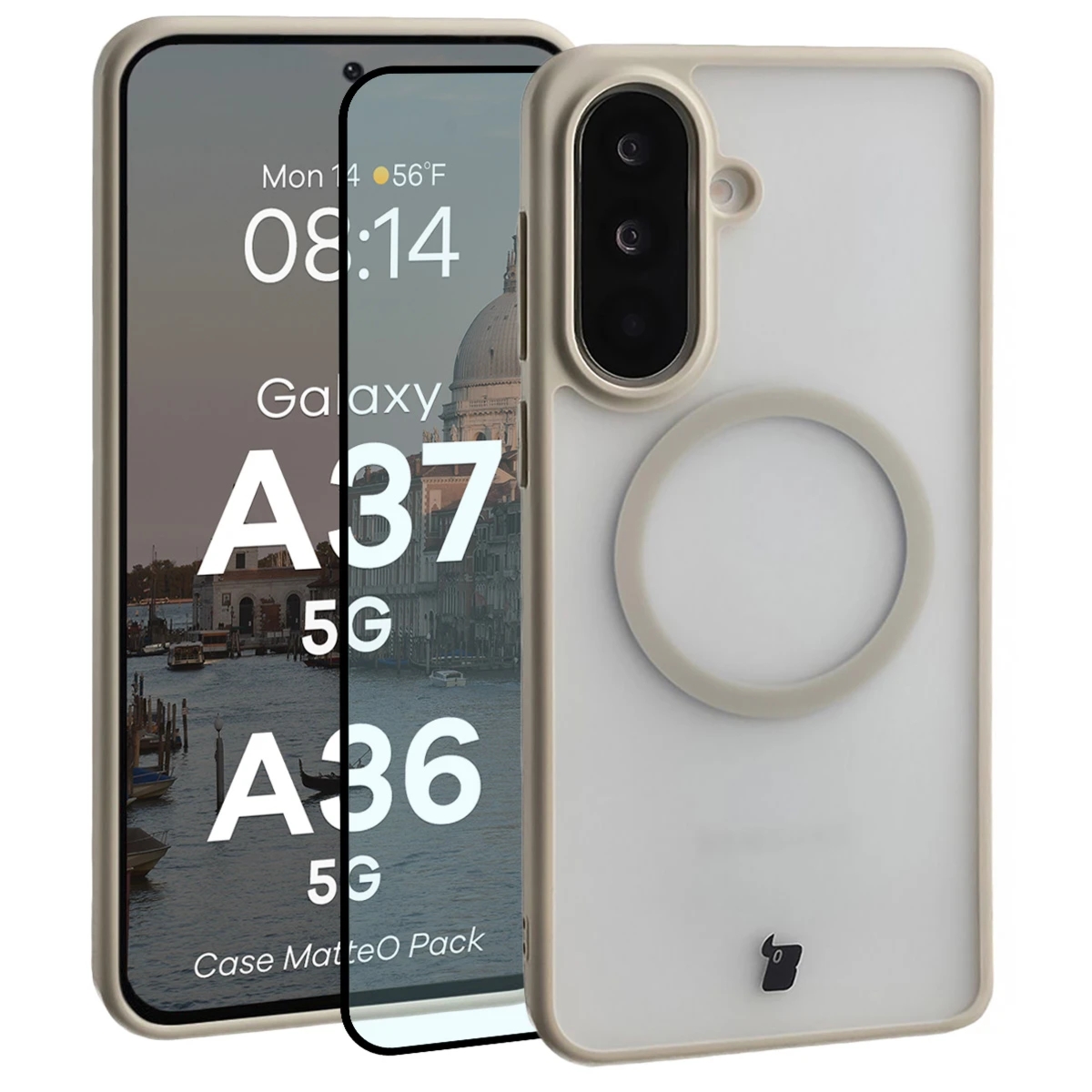 Etui z pierścieniem magnetycznym + szkło hartowane Bizon MatteO Pack do Galaxy A37 5G / A36 5G, przydymione-beżowe