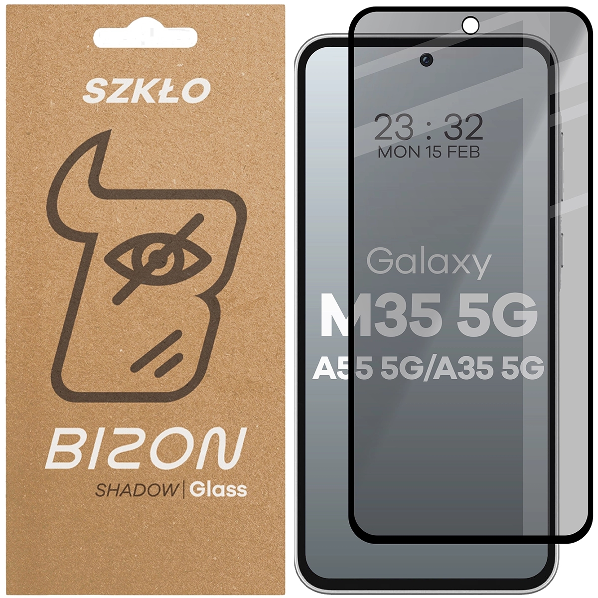 Image of Prywatyzujące szkło hartowane Bizon Glass Edge Shadow do Galaxy M35 5G / A55 5G / A35 5G, przyciemniane z czarną ramką