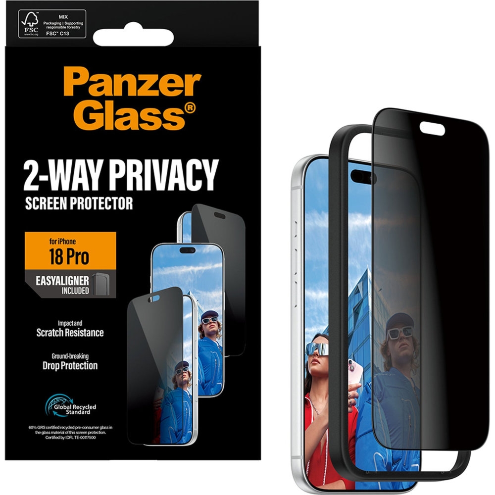 Szkło prywatyzujące z aplikatorem PanzerGlass 2-Way Ultra-Wide Fit Privacy + EasyAligner do iPhone 18 Pro