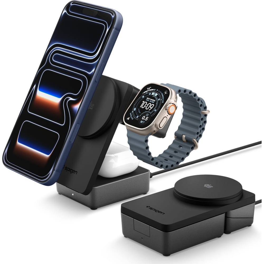 OUTLET: Ładowarka indukcyjna 3w1, Qi 2.2, 25W, Spigen Essential EF323MQ do MagSafe, kabel USB-C 60W, czarna