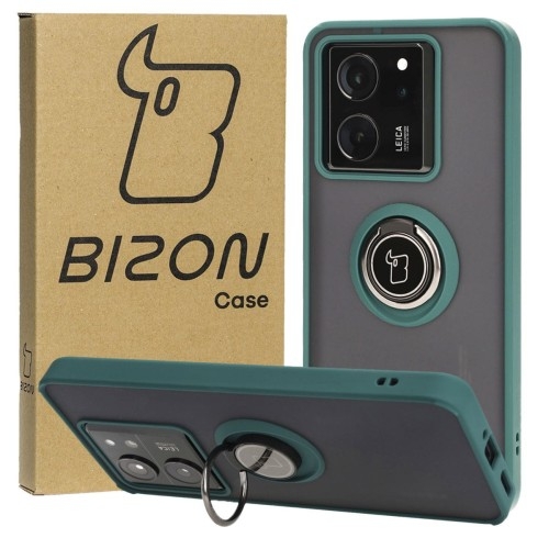 Image of Etui z uchwytem na palec Bizon Case Hybrid Ring do Xiaomi 13T Pro / 13T, przydymione z ciemnozieloną ramką