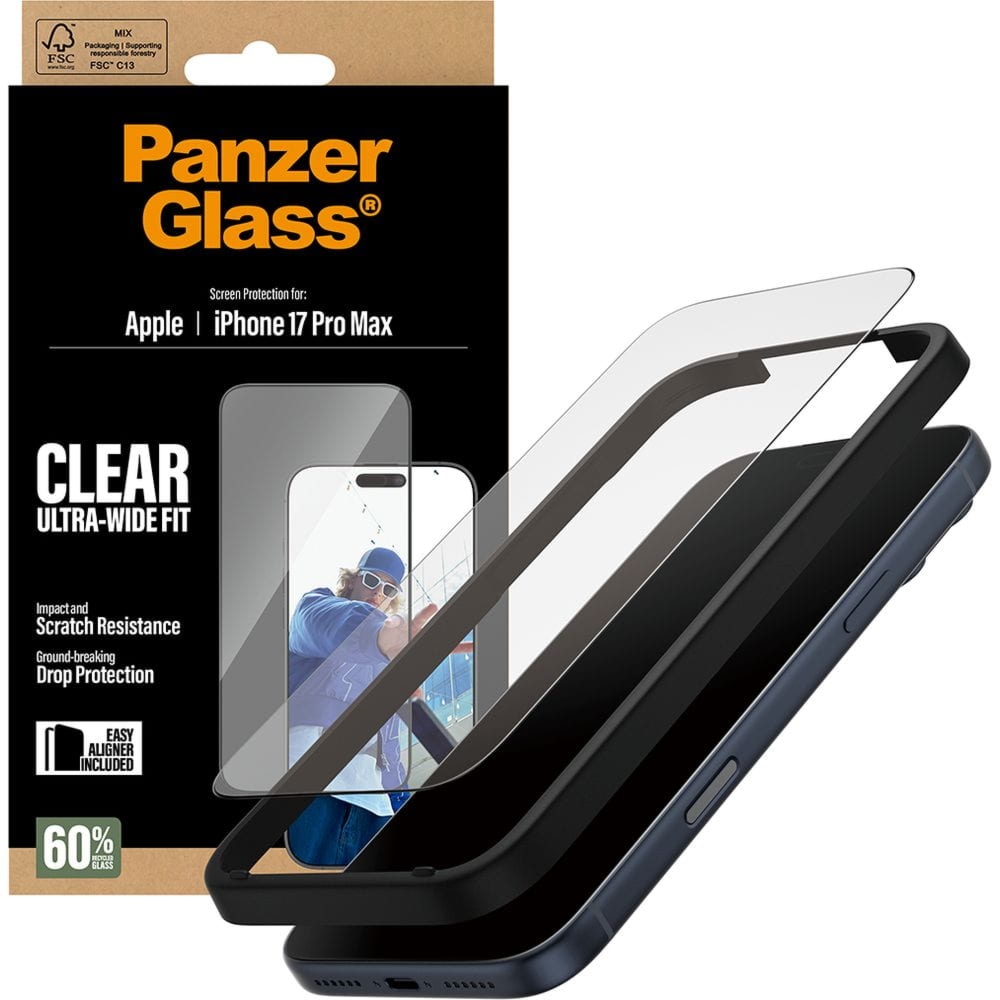 Szkło hartowane z aplikatorem PanzerGlass Ultra-Wide Fit do iPhone 17 Pro Max, przezroczyste z czarną ramką
