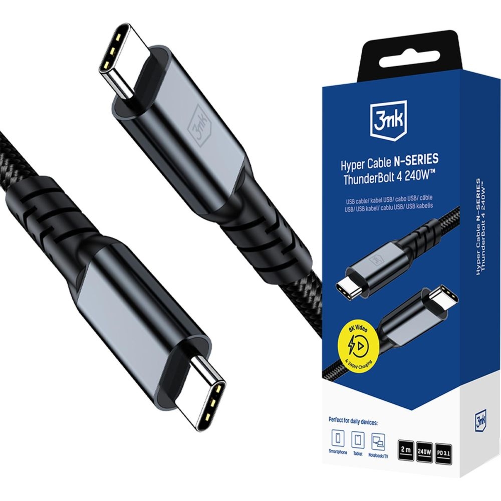 Kabel z oplotem 3mk Hyper Cable USB-C do USB-C, 240W, PD, 8K/60Hz, 40Gb/s, Thunderbolt 4, 2 m, czarny