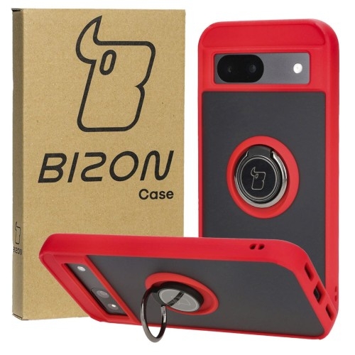 Image of Etui z uchwytem na palec Bizon Case Hybrid Ring do Google Pixel 8a, przydymione z czerwoną ramką