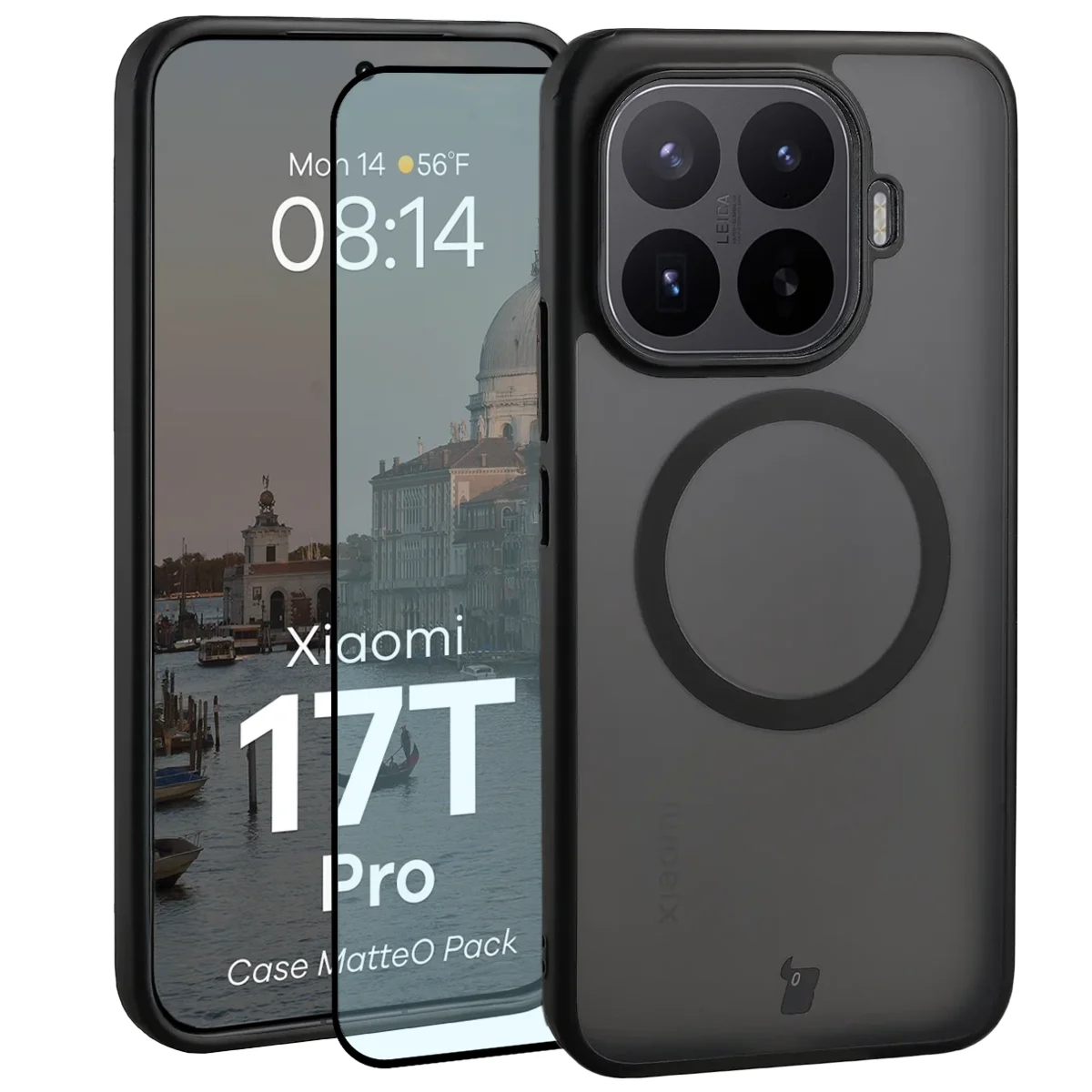 Etui z pierścieniem magnetycznym + szkło hartowane Bizon MatteO Pack do Xiaomi 17T Pro, przydymione-czarne