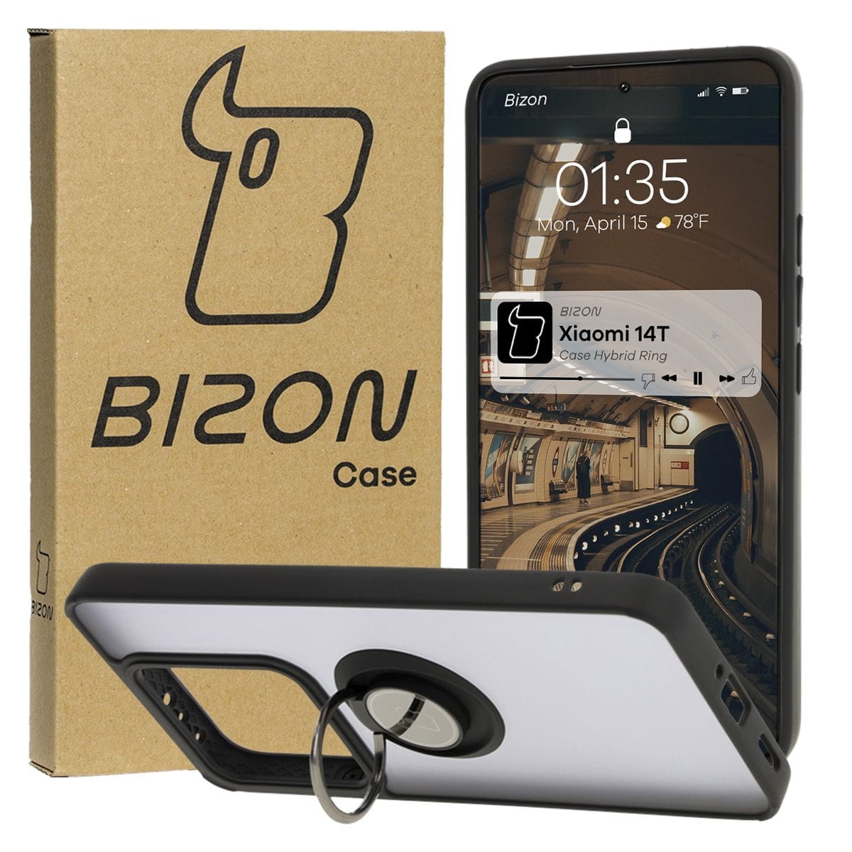 Image of Etui z uchwytem na palec Bizon Case Hybrid Ring do Xiaomi 14T, przydymione z czarną ramką