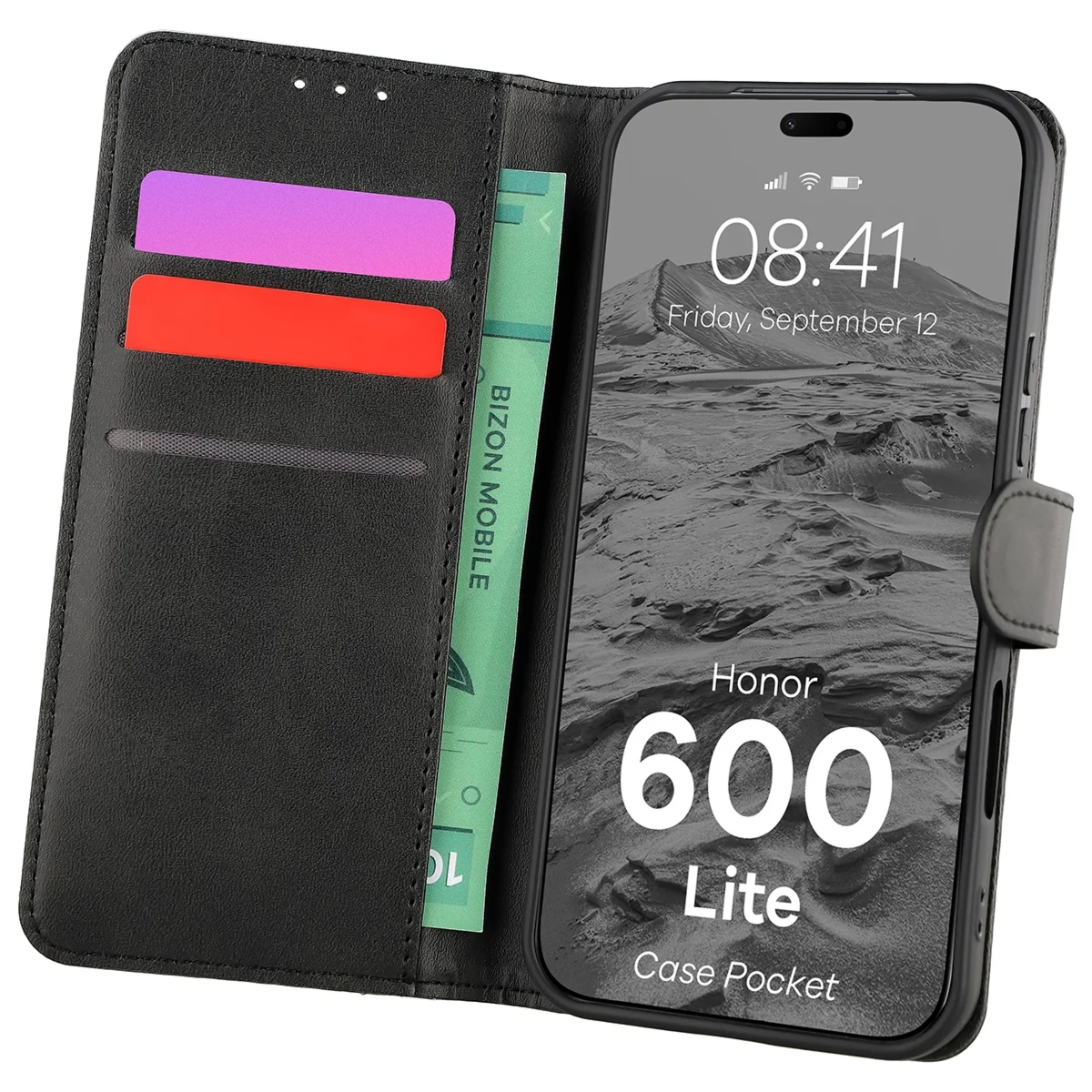 Etui z klapką Bizon Case Pocket do Honor 600 Lite 5G, czarne