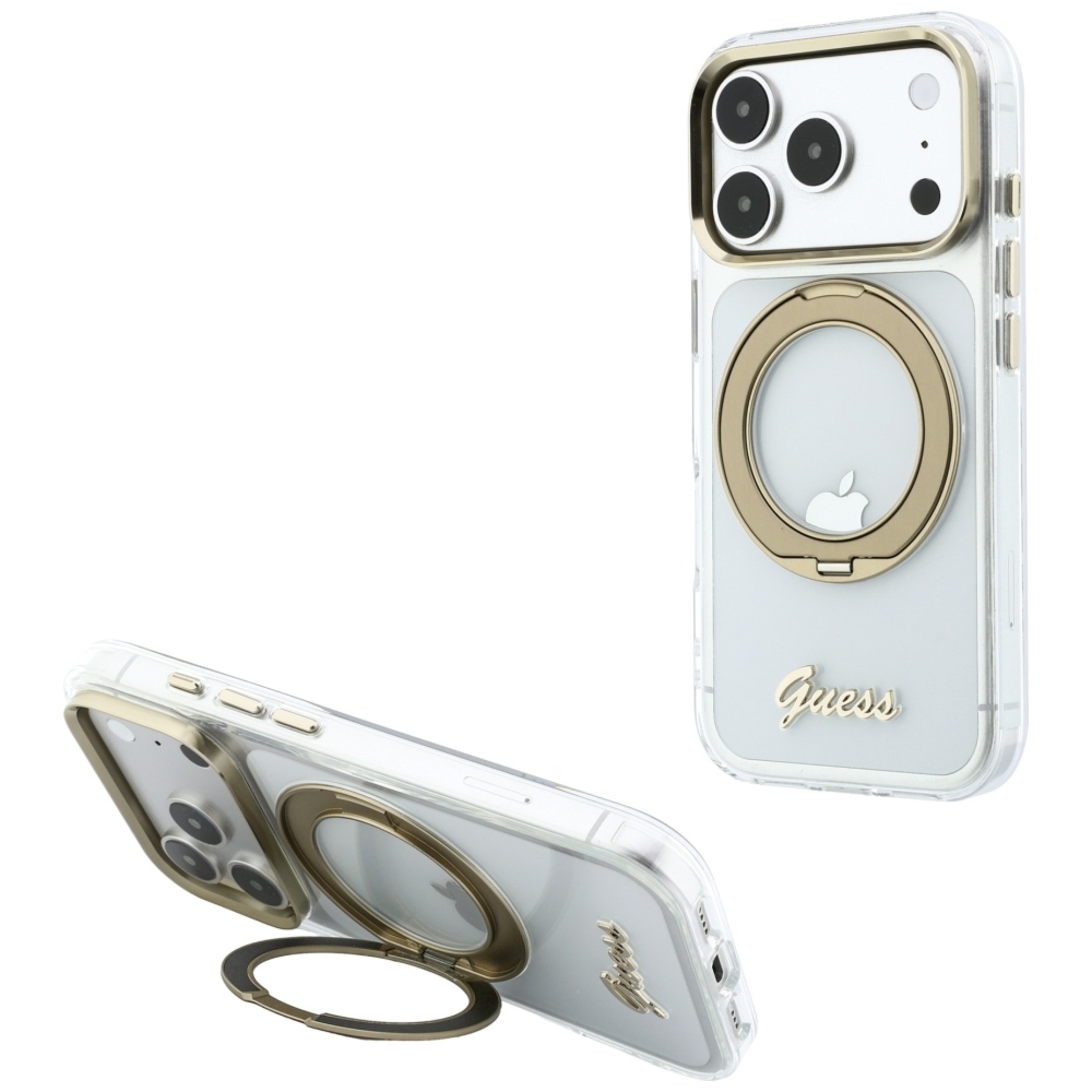 Etui Guess IML Ring Stand 360 Script Metal Logo do iPhone 18 Pro Max / 17 Pro Max do MagSafe, przezroczyste