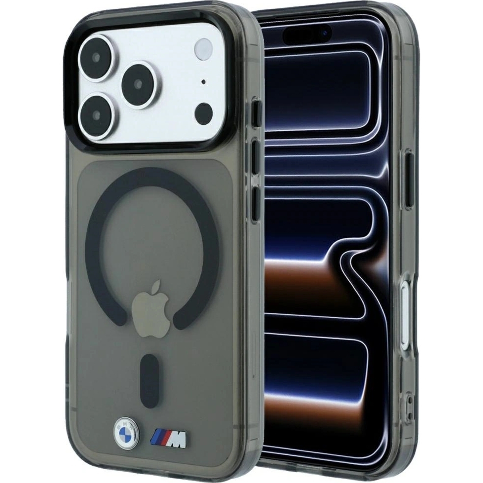 Etui BMW M IML Frosted Metal Logo Trims MagSafe do iPhone 18 Pro / 17 Pro, przezroczysto antracytowe