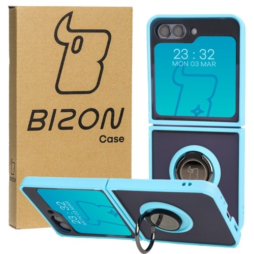 Image of Etui z uchwytem na palec Bizon Case Hybrid Ring do Galaxy Z Flip5, przydymione z jasnoniebieską ramką