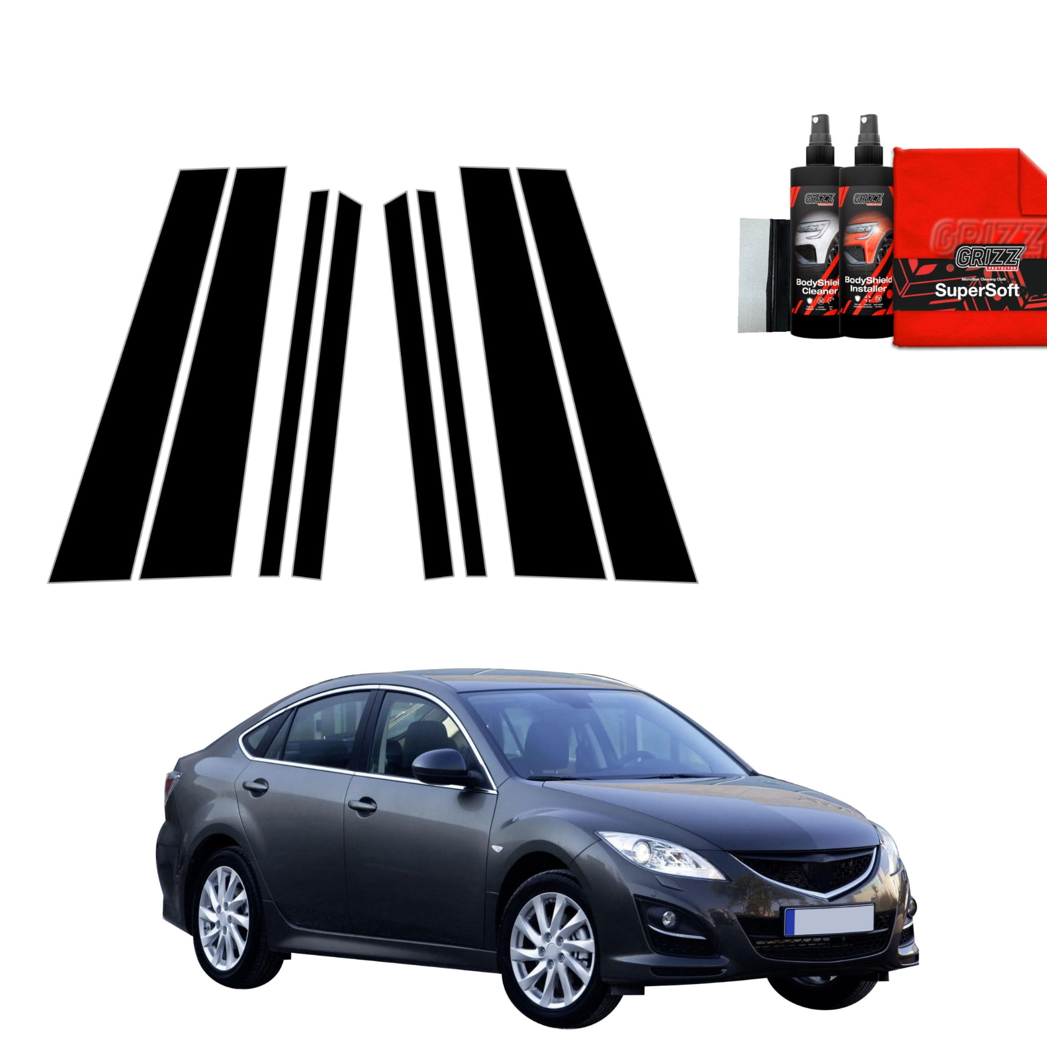 8w1 Czarna folia Grizz Protector na słupki do Mazda 6 2 Sedan 4D (2010-2013)