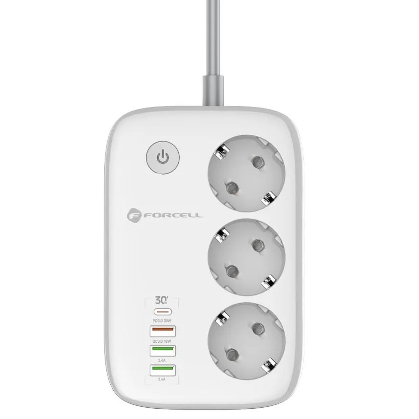 Listwa zasilająca Forcell F-Energy VT-PS03, 3x gniazdo AC, 1x USB-C 30W, 3x USB-A, WiFi Tuya/SmartLife, 2 m, biała