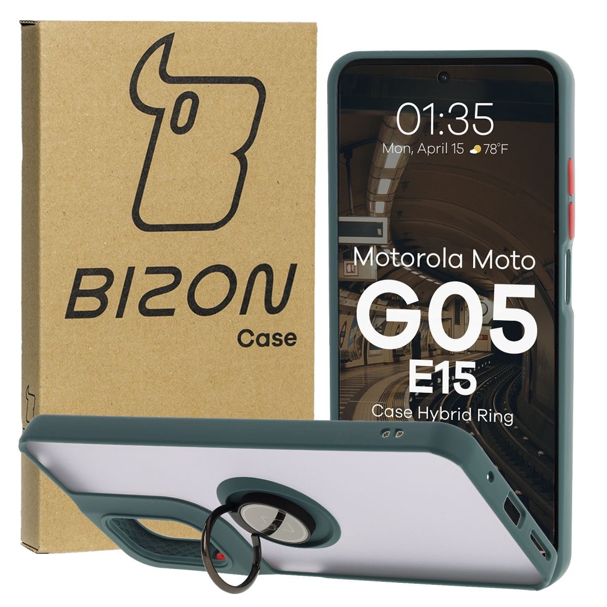 Image of Etui z uchwytem na palec Bizon Case Hybrid Ring do Motorola Moto G05 / E15, przydymione z ciemnozieloną ramką