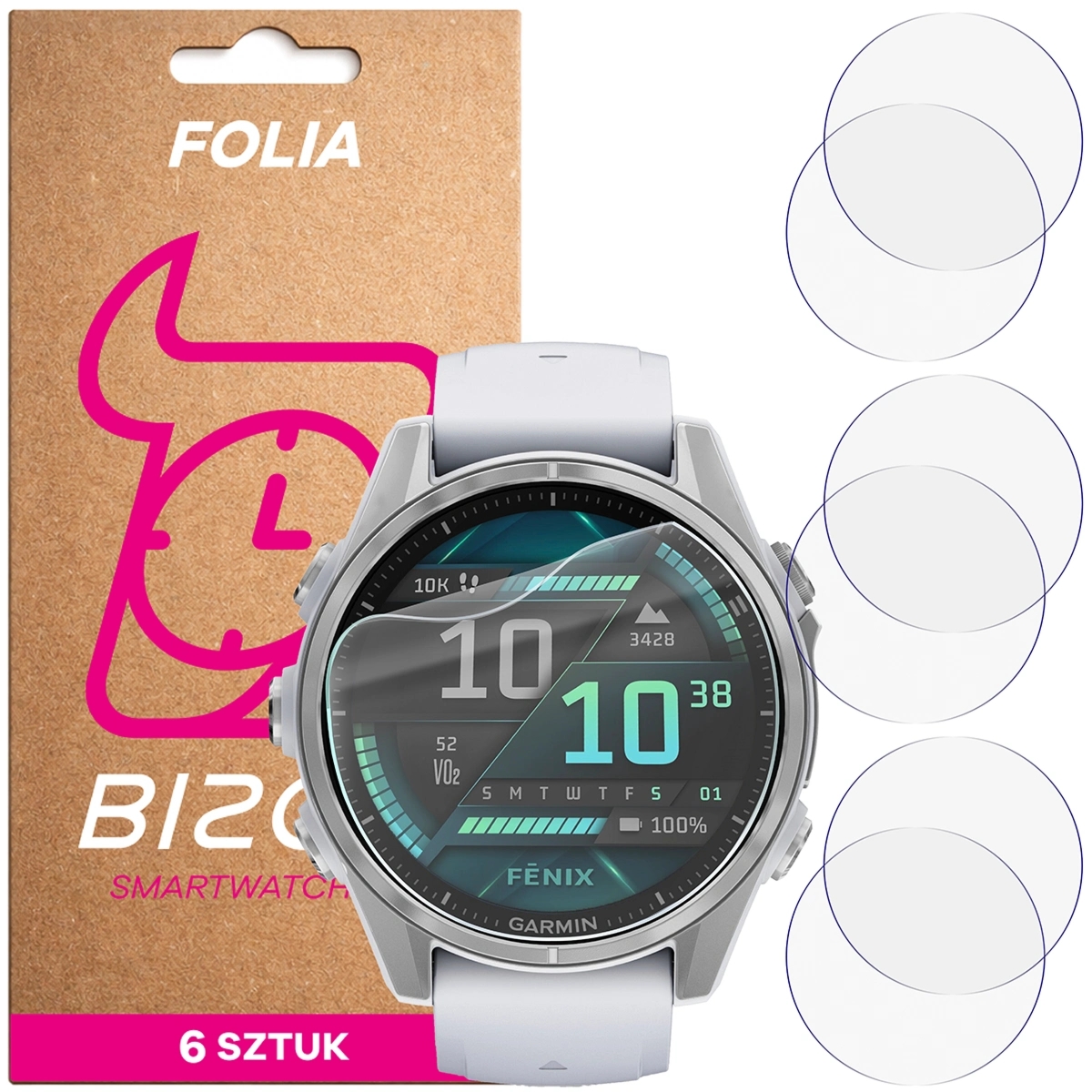 Folia ochronna na ekran zegarka Bizon Watch Film HydroFlex do Garmin Fenix 8 AMOLED 43 mm, 6 sztuk
