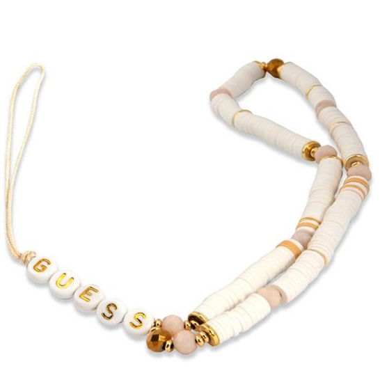 Zawieszka Guess Phone Heishi Beads Strap, biała ze złotymi zdobieniami