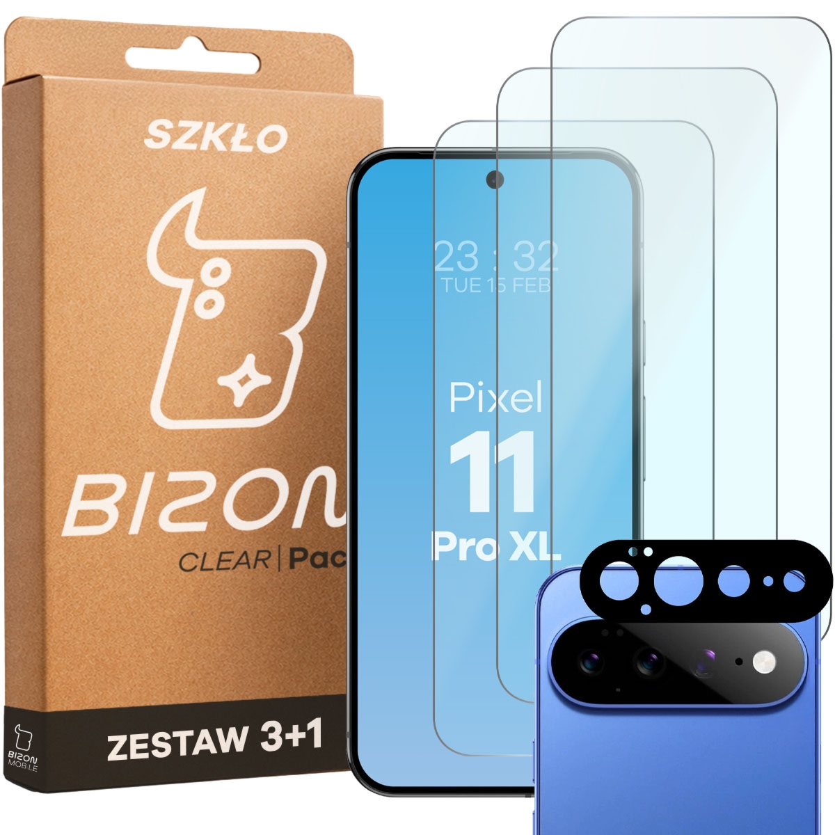 3x Szkło hartowane + szybka na aparat Bizon Glass Clear Pack do Google Pixel 11 Pro XL