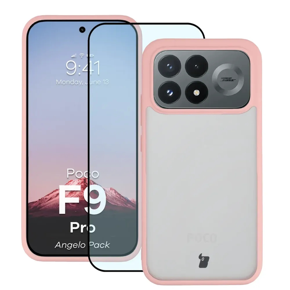 Etui + szkło hartowane Bizon Angelo Pack do Xiaomi POCO F9 Pro, półprzezroczyste z jasnoróżową ramką