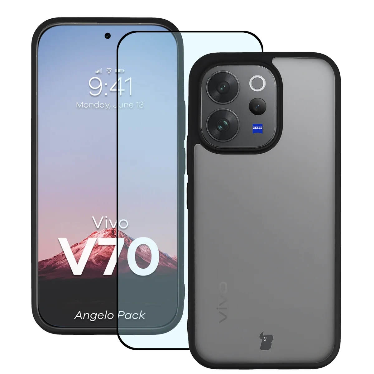 Etui + szkło hartowane Bizon Angelo Pack do Vivo V70 5G, przydymione z czarną ramką