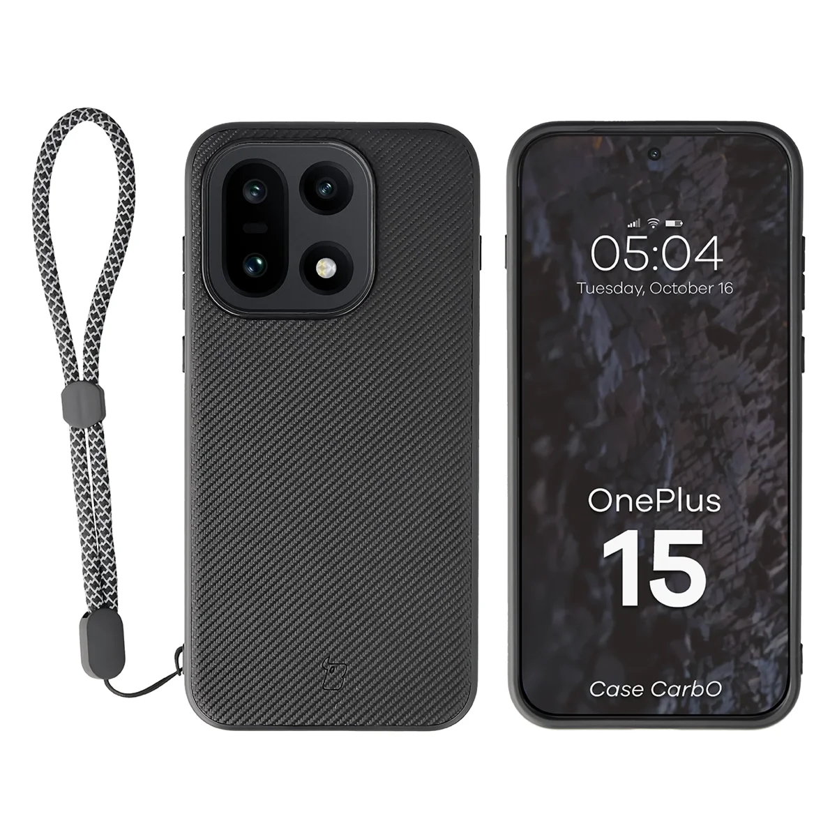 Etui ze smyczką na nadgarstek i pierścieniem magnetycznym Bizon Case CarbO do OnePlus 15, czarne