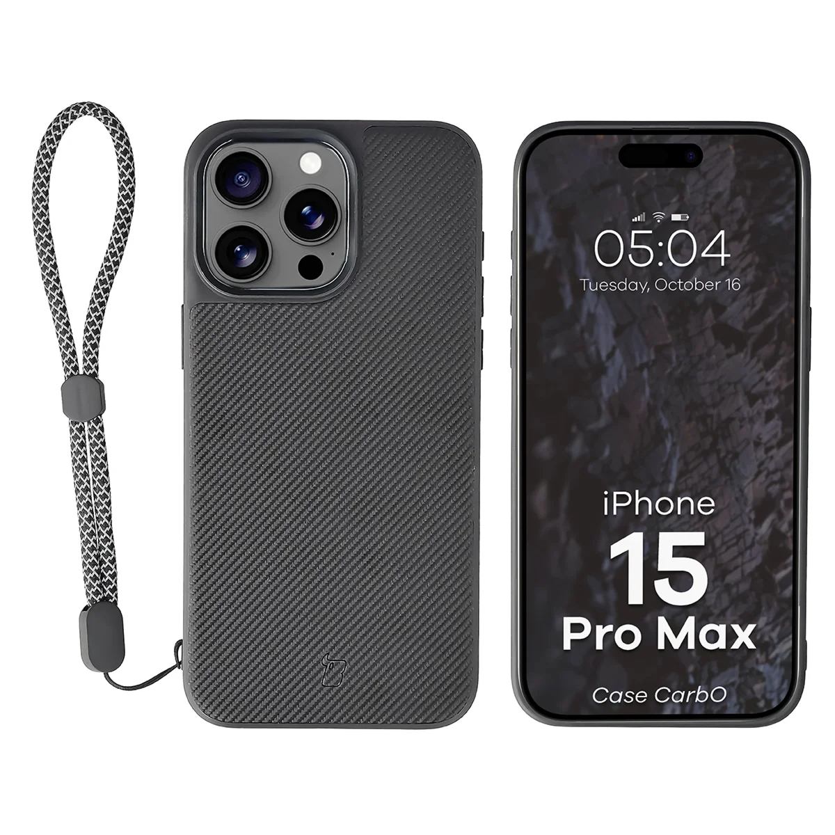 Etui ze smyczką na nadgarstek i pierścieniem magnetycznym Bizon Case CarbO do iPhone 15 Pro Max, czarne