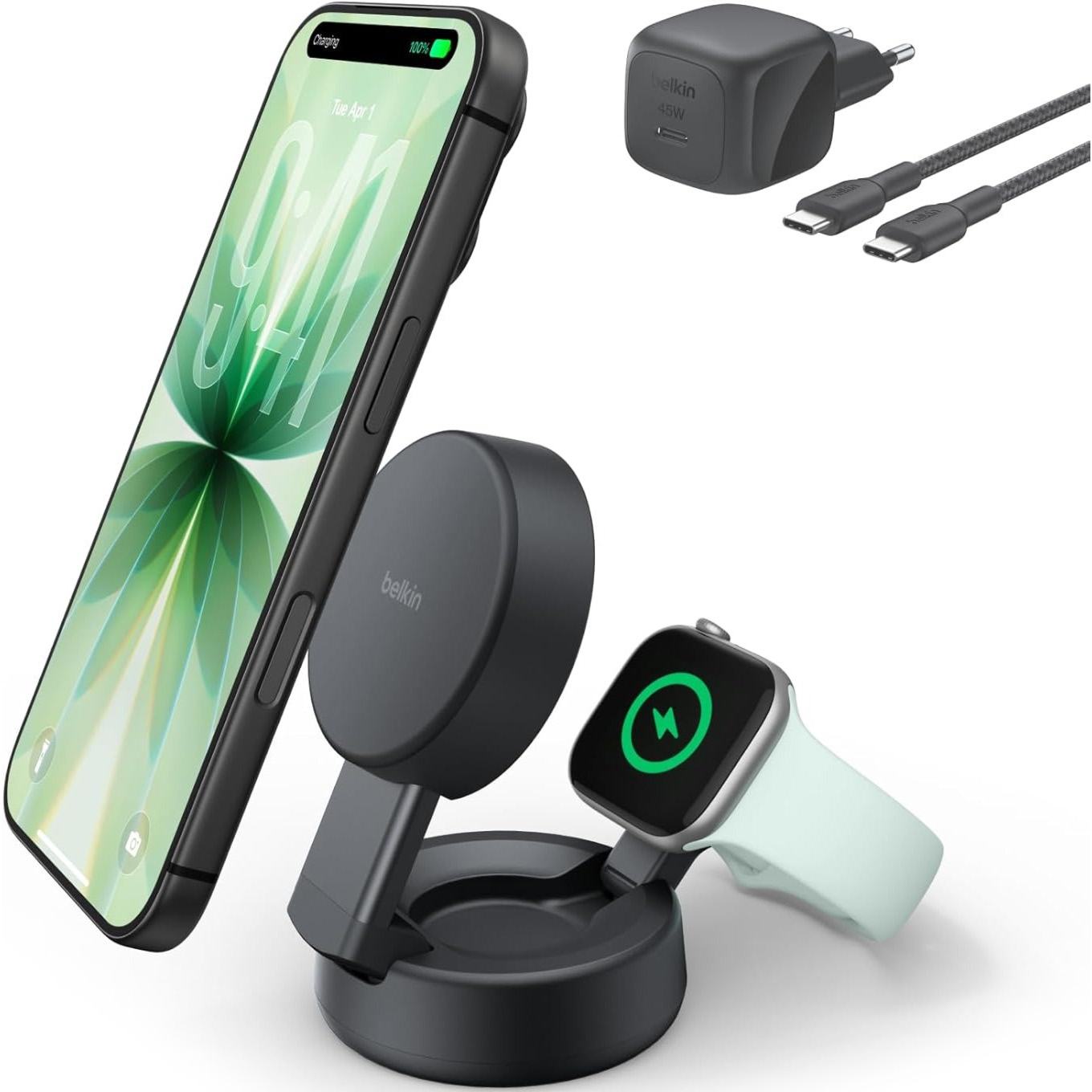 Ładowarka indukcyjna Belkin Ultra Charge Pro 2-in-1 Convertible Qi2.2 25W dla Apple Watch / iPhone z MagSafe +PSU WIZ043, szara